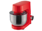 Robot pâtissier rouge avec bol en acier inoxydable et affichage numérique.