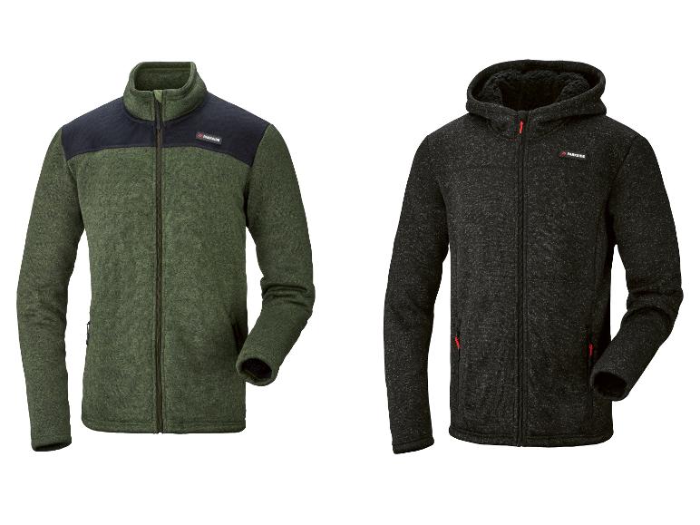 Deux vestes polaires pour hommes : une verte à col et une noire à capuche.