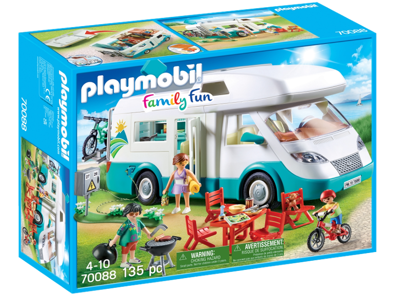 Camping-car jouet avec figurines et accessoires de camping.