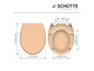 Une lunette de WC beige avec des dimensions en millimètres.