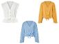 Chemisiers noués à la taille, blanc, bleu clair et moutarde.