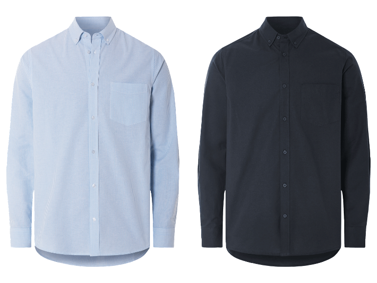 Deux chemises, une bleu clair rayée et une bleu foncé.