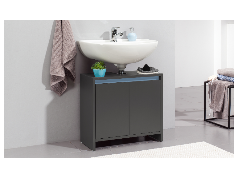 Un meuble de salle de bain gris foncé moderne avec un lavabo intégré.
