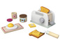 Un ensemble de jouets en bois avec un grille-pain, des toasts, un couteau, du beurre, un œuf et de la confiture.