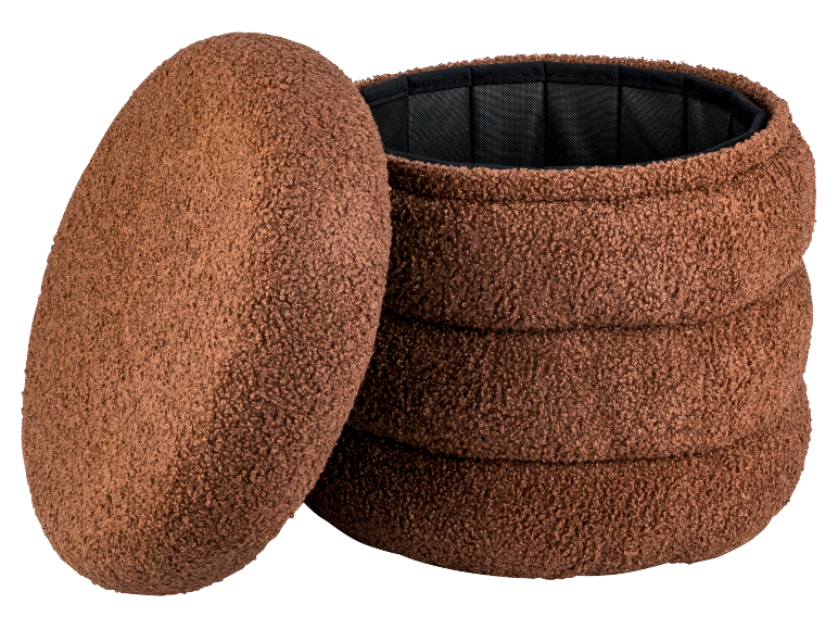 Panier de rangement texturé marron avec couvercle, ouvert pour révéler un intérieur sombre.