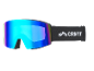 Masque de ski avec lentille miroir multicolore et sangle noire avec logo.