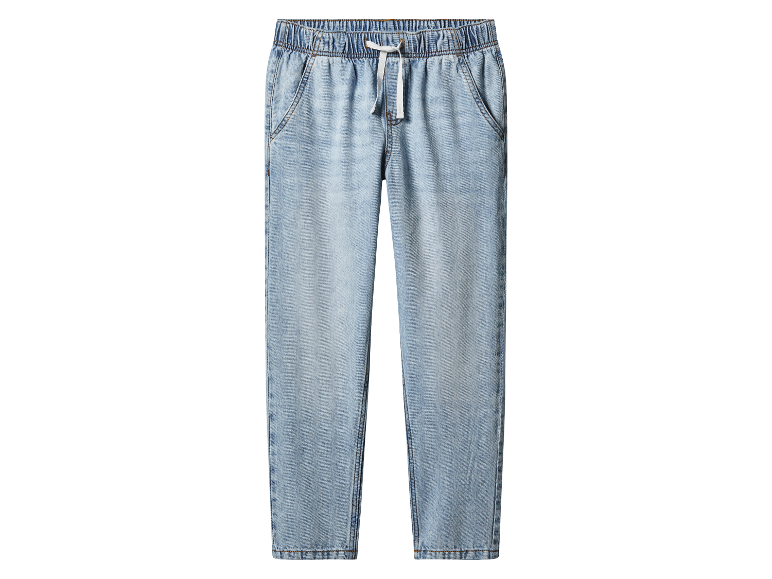 Pantalon en jean bleu clair pour enfant avec cordon de serrage.