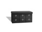 Un banc de rangement noir avec six tiroirs.
