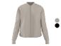 Blouson bomber beige avec fermeture éclair et poches, avec options de couleur grise et noire.