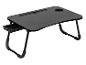 Table de lit pliable noire avec fente pour tablette et porte-gobelet.