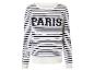 Un pull à rayures blanches et noires avec des manches longues et l'inscription 'PARIS'.