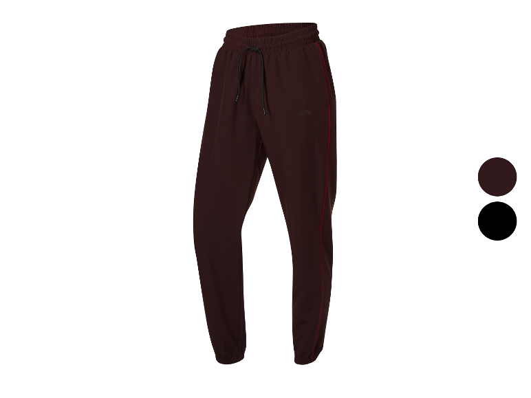 Pantalon de jogging bordeaux foncé pour femme avec des bandes rouges.