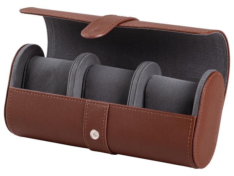 Étui à montres en cuir marron avec trois coussins gris