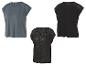 Trois t-shirts Crivit pour femme : gris, noir et noir à rayures.