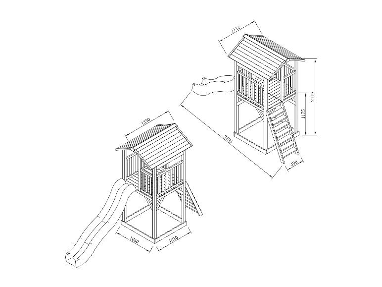 Deux structures de jeu en bois avec toboggans et échelles, avec dimensions.