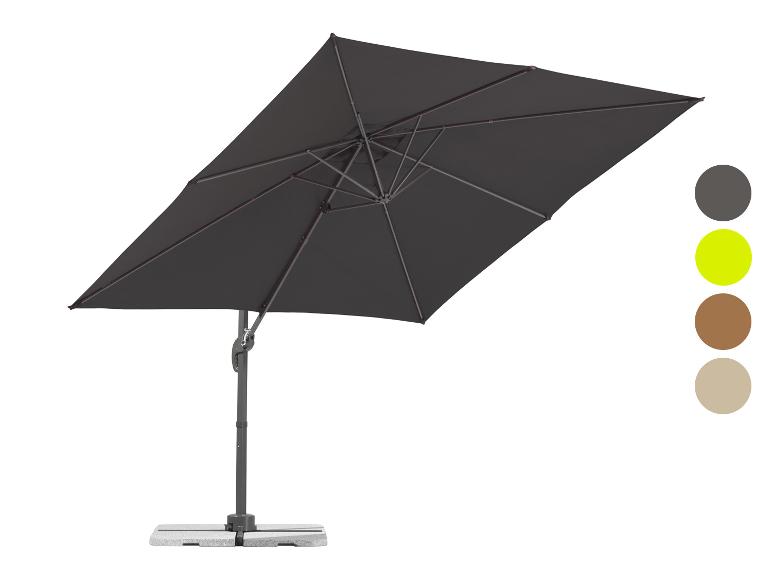 Parasol avec toile gris foncé et quatre échantillons de couleur.