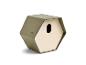 Nichoir hexagonal vert avec façade en bois et ouverture ovale.