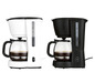 Deux cafetières, une blanche et une noire, avec une carafe en verre remplie de café.