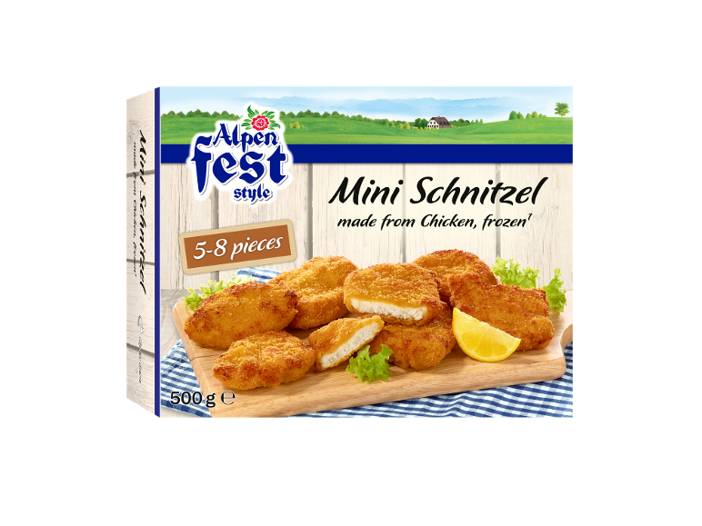 Boîte de mini-schnitzels de poulet surgelés, 5-8 pièces, 500g, avec un fond paysager.