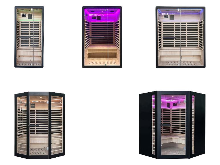 Cinq saunas infrarouges différentes avec portes vitrées et intérieurs en bois.