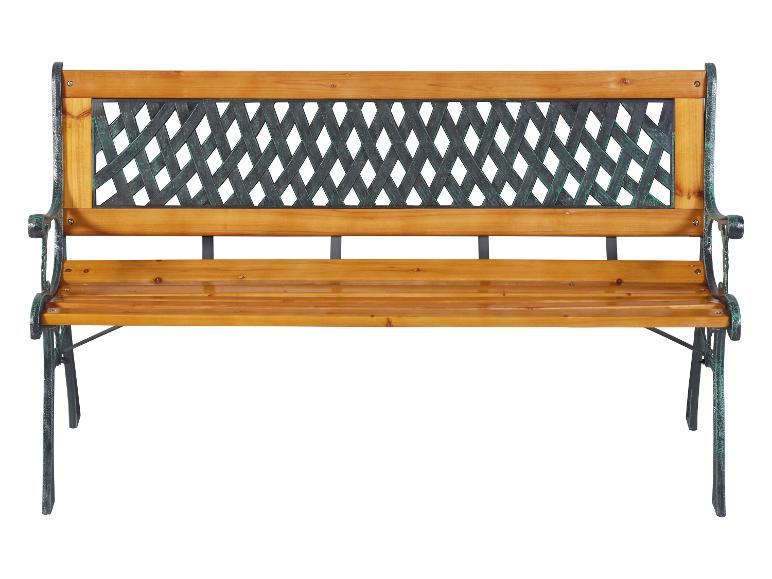 Banc de jardin en bois clair et métal vert foncé avec dossier à motif losanges.