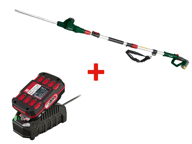 Taille-haie télescopique sans fil Parkside avec batterie et chargeur.