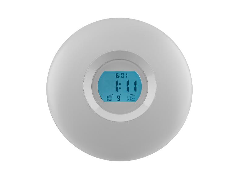 Horloge digitale ronde grise avec écran bleu.