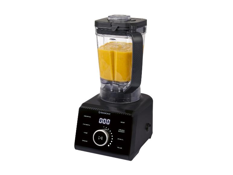 Mixeur noir avec boisson jaune, écran numérique et commandes tactiles