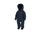 Combinaison de neige bébé bleu marine avec capuche et petit emblème d'ours sur la poitrine.