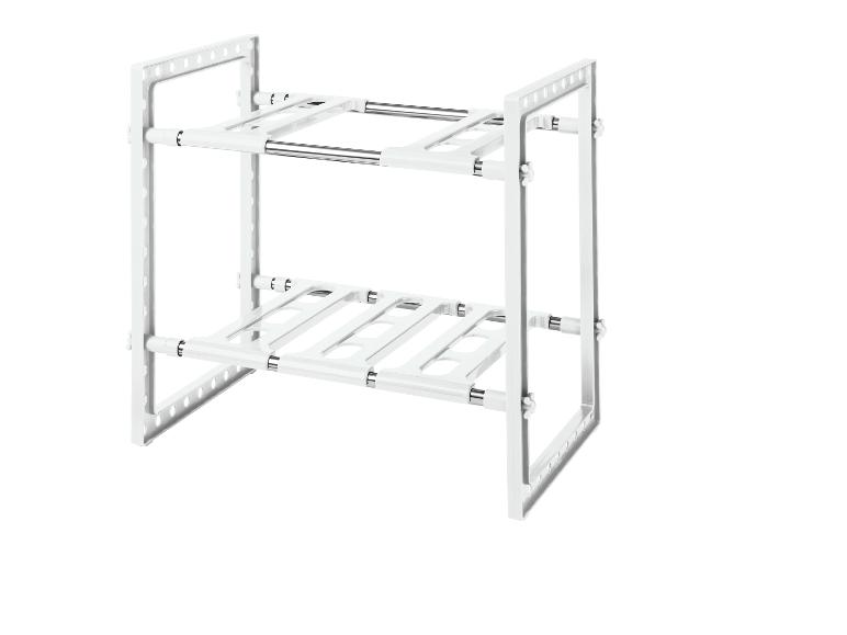 Étagère en métal blanche avec deux tablettes pour organiser des objets.