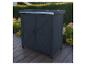 Armoire de rangement extérieure gris foncé avec deux portes et plateau métallique sur terrasse en bois
