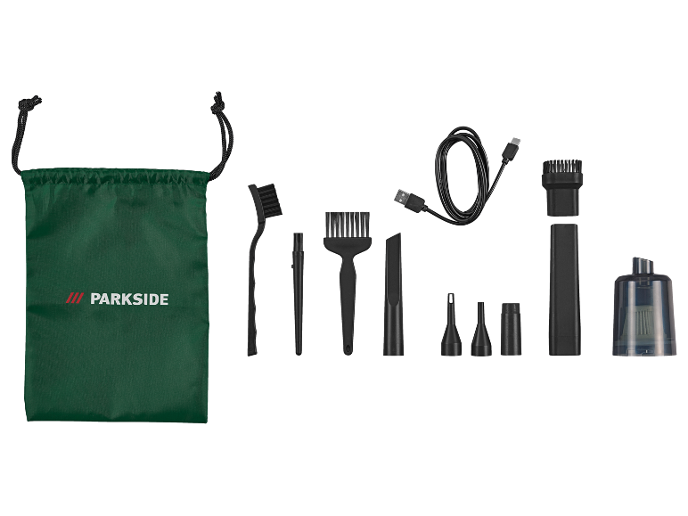 Ensemble d'accessoires de nettoyage avec brosses, buses et câble de chargement USB, dans un sac vert.