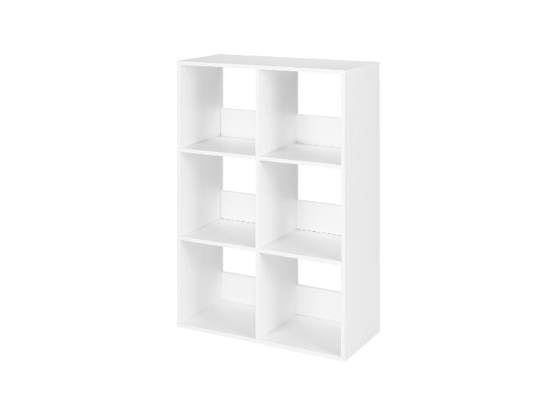 Étagère de rangement blanche à six compartiments, idéale pour organiser livres et objets.