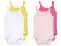 Bodys bébé : blanc, rose et jaune.