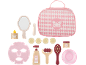 Ensemble de jeu spa et beauté rose avec sac, miroir, masque facial et divers accessoires en bois.