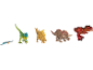Une collection de jouets dinosaures, comprenant un ptérosaure, un vélociraptor, un stégosaure, un tricératops et un T-Rex.