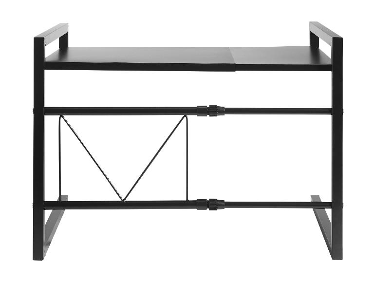Étagère de cuisine extensible en métal noir à deux niveaux avec barres de support.