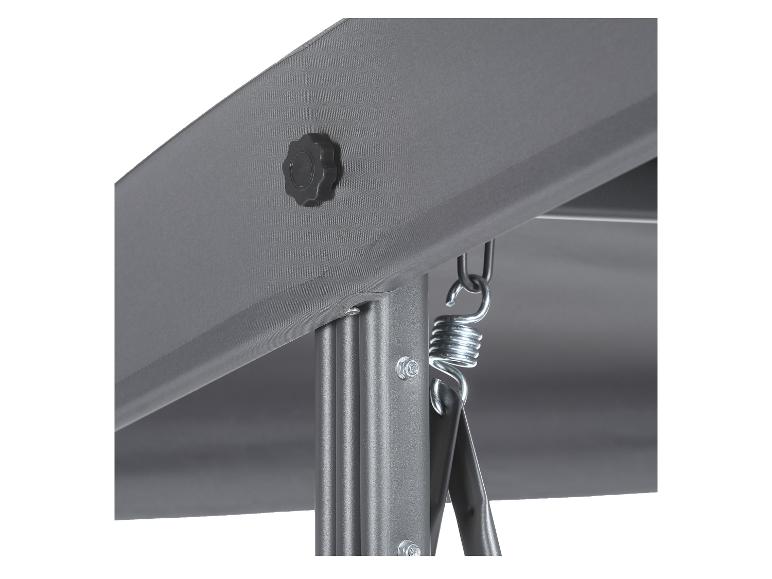 Détail d'une balançoire de jardin grise avec un bouton de réglage noir et un ressort de suspension.