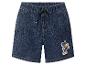 Short en jean bleu foncé avec taille élastique et motif de chiot.