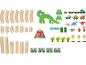 Rails de train en bois et jouets dinosaures, y compris trains, figurines et paysages.