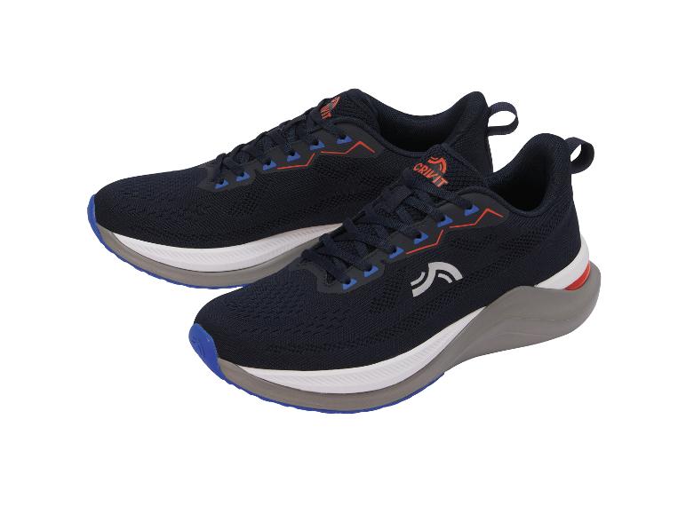 Une paire de chaussures de sport bleu marine avec des détails orange et bleus.