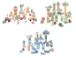 Jouets en bois LUPILU®: blocs thématiques ville, forêt et mer avec véhicules et animaux.