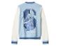 Blouson aviateur bleu et blanc avec un personnage de dessin animé bleu au dos.