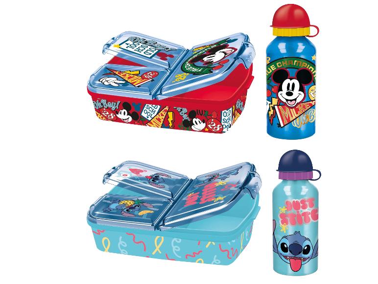 Deux ensembles boîte à lunch et bouteille d'eau, un rouge avec Mickey Mouse, un bleu avec Stitch.