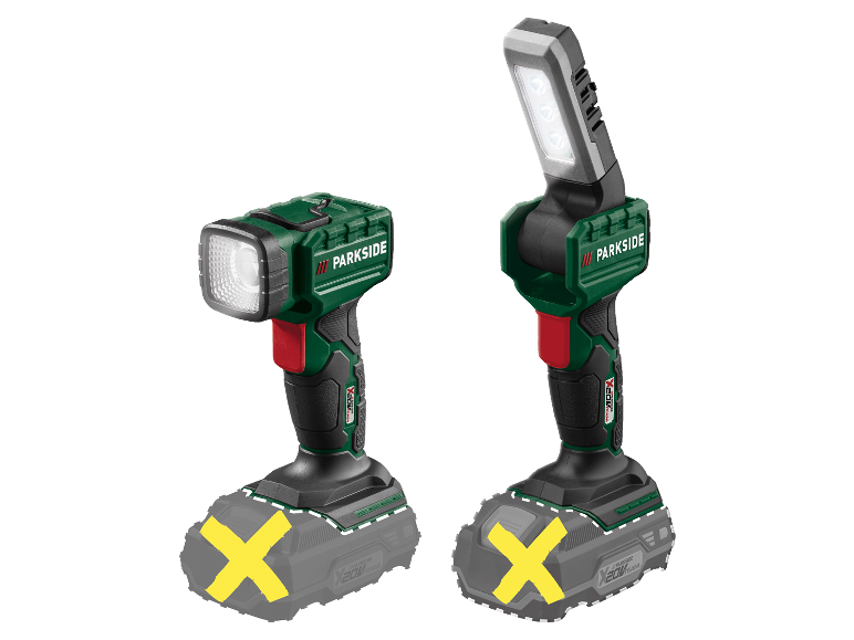 Deux lampes de travail Parkside X20V Team avec différentes têtes de lampe.