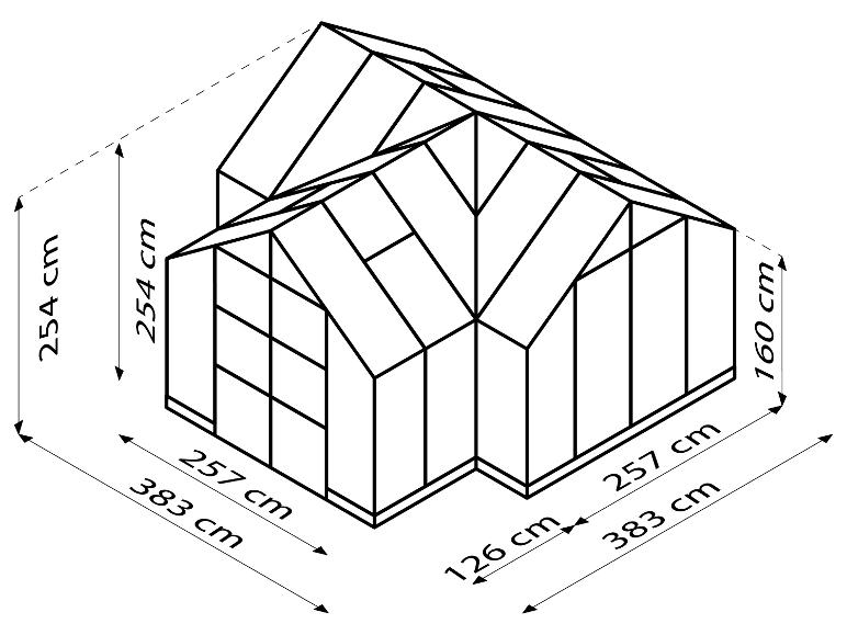 Serre de jardin avec des dimensions de 383 cm de long, 257 cm de large et 254 cm de haut.