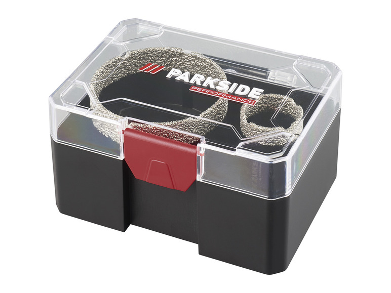 Une boîte en plastique avec deux lames de scie diamantées Parkside.