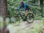 Un homme roule à vélo électrique de montagne gris avec des pneus Maxxis dans une forêt.