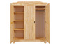 Une armoire en bois ouverte avec des étagères et une barre pour suspendre.