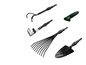 Outils de jardin, comprenant un râteau, une pelle, une houe et des sécateurs Parkside.